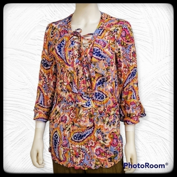 Melissa PAIGE 1990s Rainbow Ruffle Paisley Broomstick Tunic Small - Picture 1 of 10